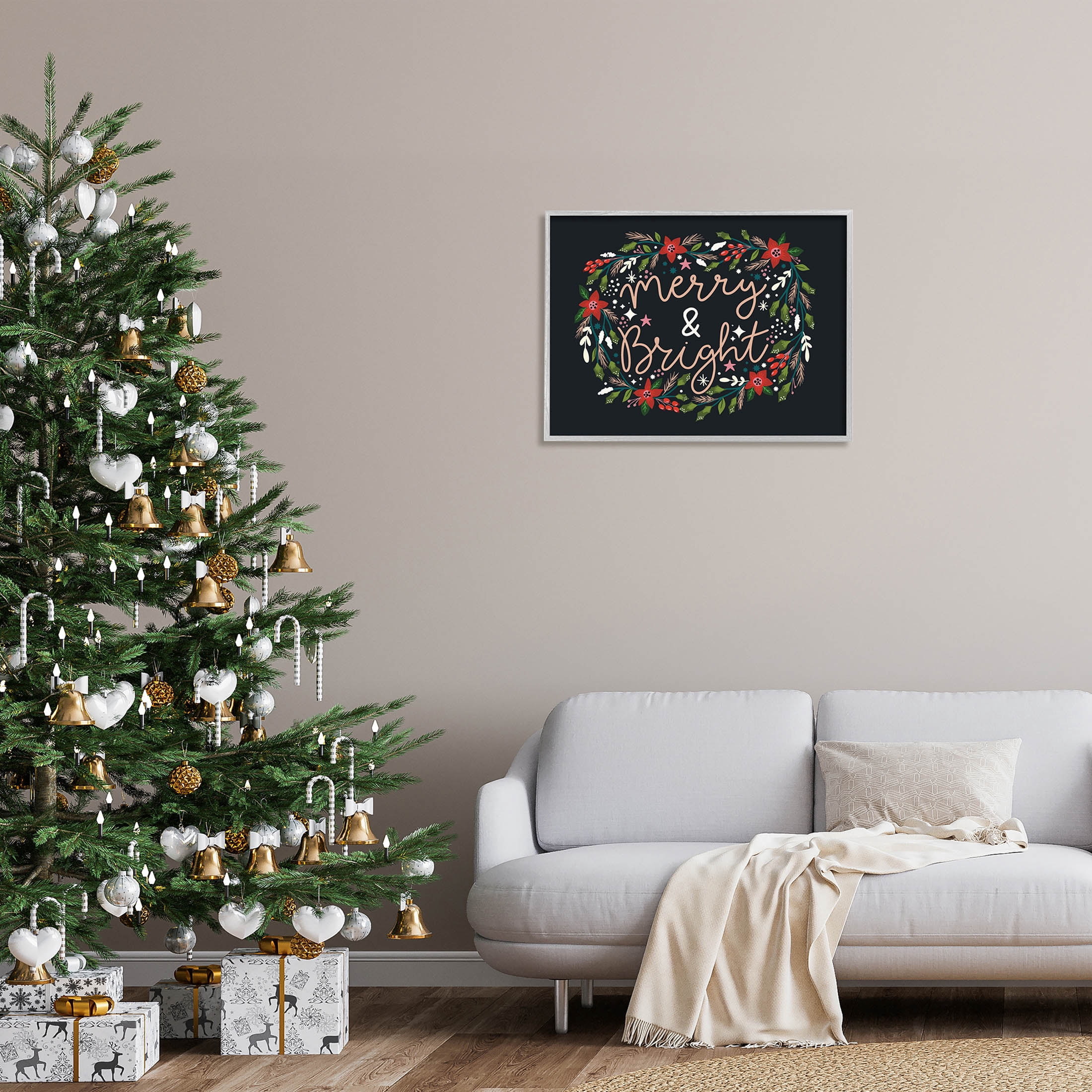 Merry & Bright Poinsettia Wreath Holiday Graphic Art Gray Framed Art Print Wall Art