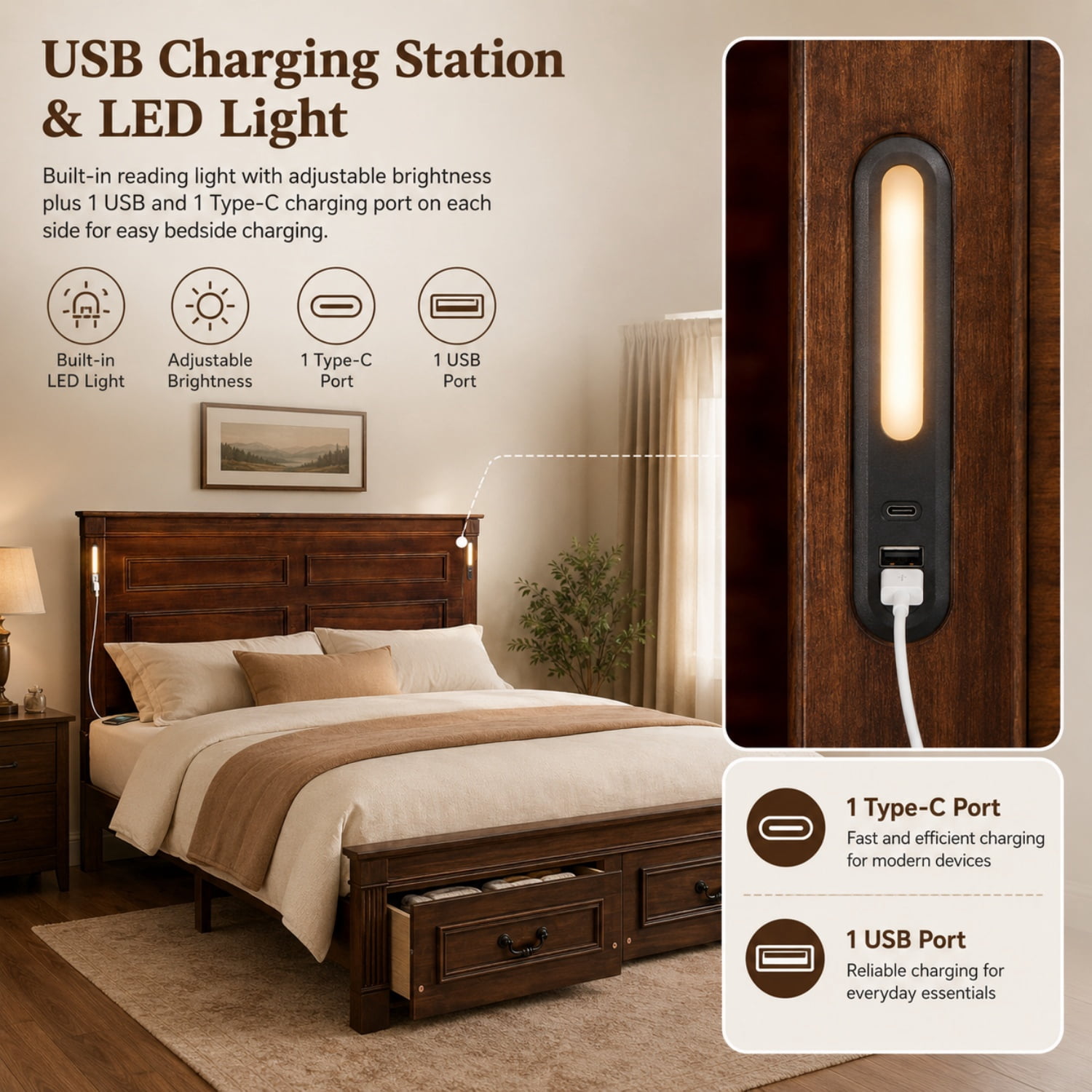 Miniyam Queen Farmhouse Storage Bed Frame with LED Headboard, USB & Type-C Charging, 2 Drawers, Walnut