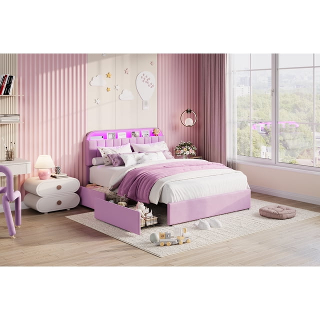 Bed Frame with Storage Headboard, Kids Bed Frame with 2 Drawers, Velvet Upholstered Platform Bed Frame with Lights, No Box Spring Needed, Easy Assembly