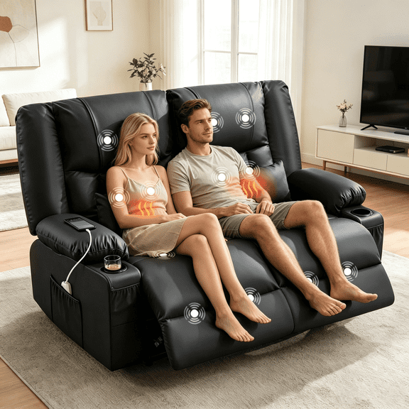 BINBANK Recliner Loveseat with Massage and Heating, with Cup Holders and 2 USB Port for Living Room Love Seat Manual Oversized Recliner
