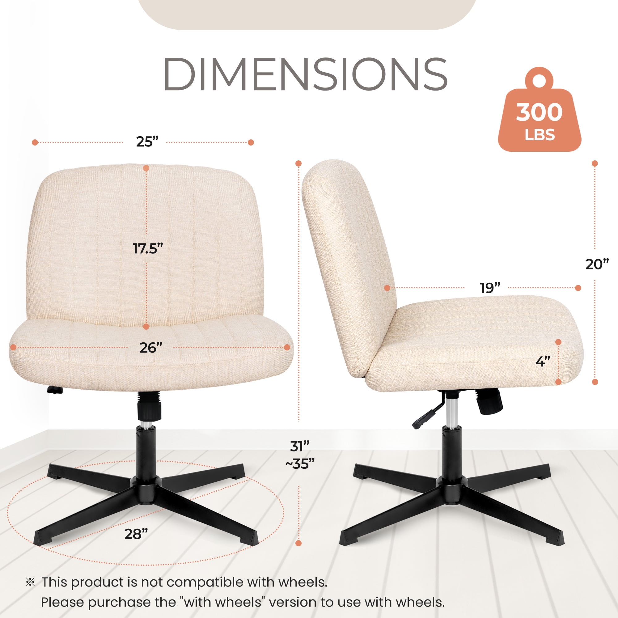 Orange Factory Criss Cross Chair No Wheel Wide Cross Legged Office Desk Vanity Chair Comfy Fabric Armless Adjustable Swivel for Home Computer Task (Beige No Wheel, Classic Fabric)