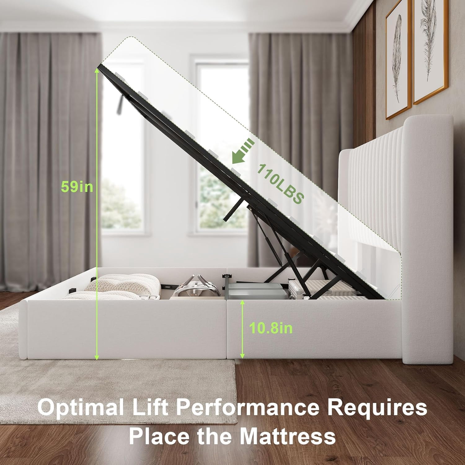 Winkalon Full Size Lift-Up Storage Bed Frame with Modern Wingback Headboard, Linen Upholstered Platform Bed, Hydraulic Gas Lift Support, Underbed Storage, Wooden Slats, No Box Spring Needed, White