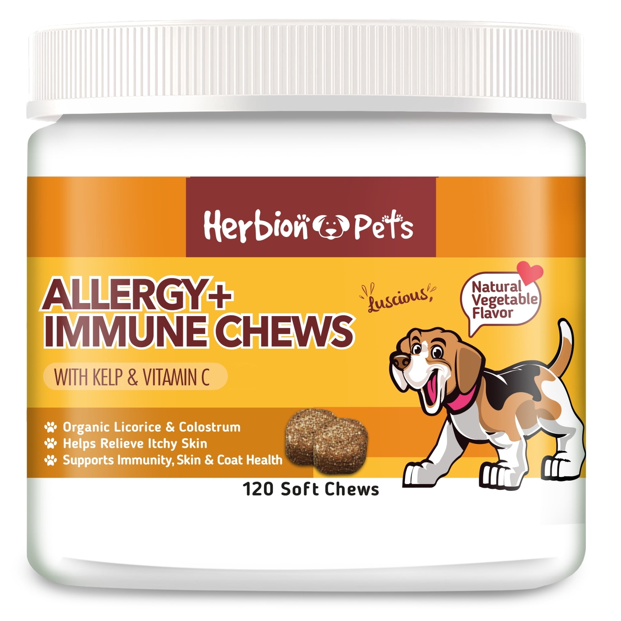 Herbion Pets Allergy + Immune Chews with Kelp & Vitamin C, 120 Soft Chews – Supports Immunity, Skin & Coat Health – Relieves Itchy Skin – Made in USA. Natural Vegetable Flavor – For Dogs 12 Weeks +