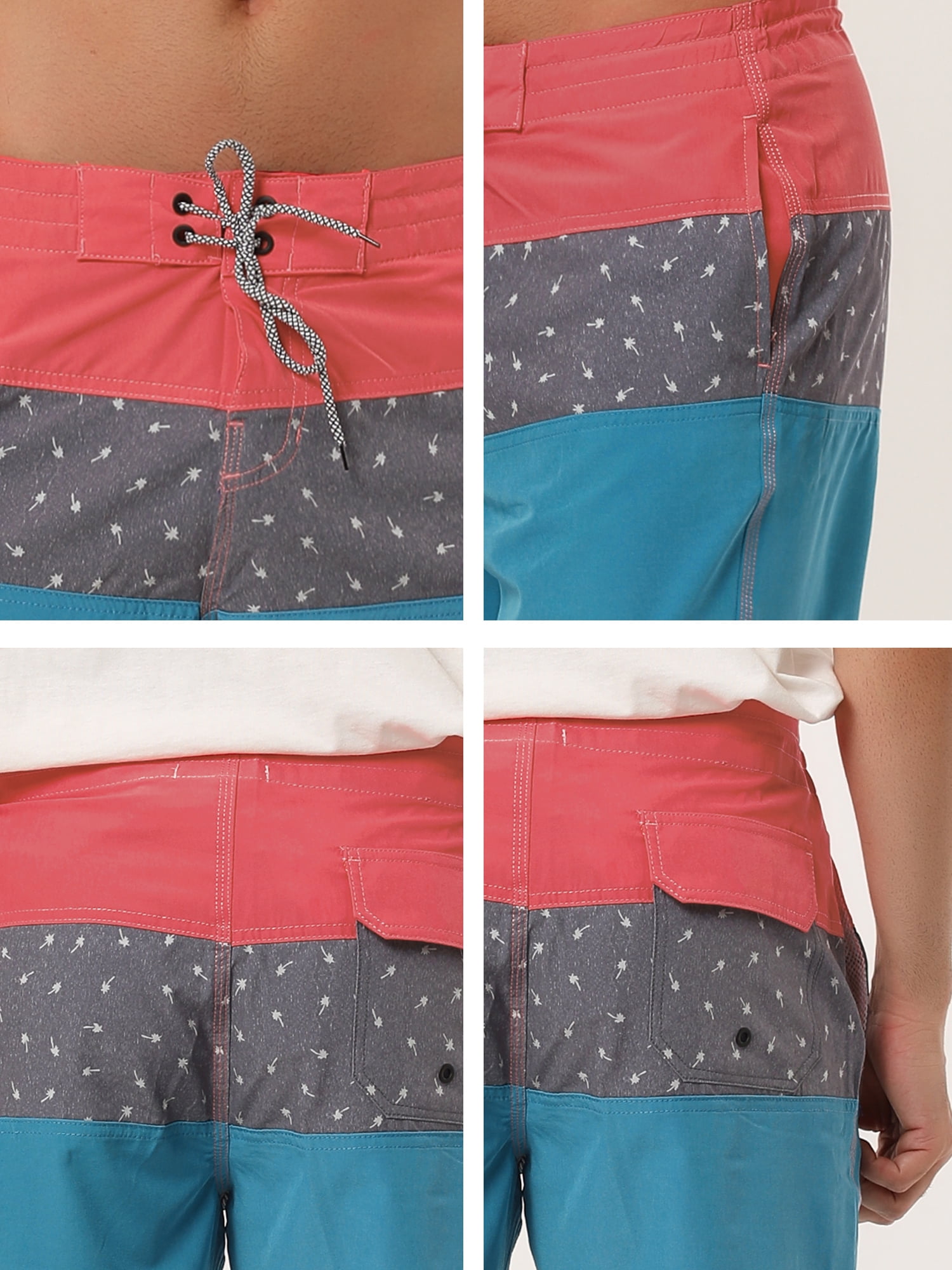 Unique Bargains Men's Summer Swim Color Block Drawstring Beach Board Shorts 32 Red Blue