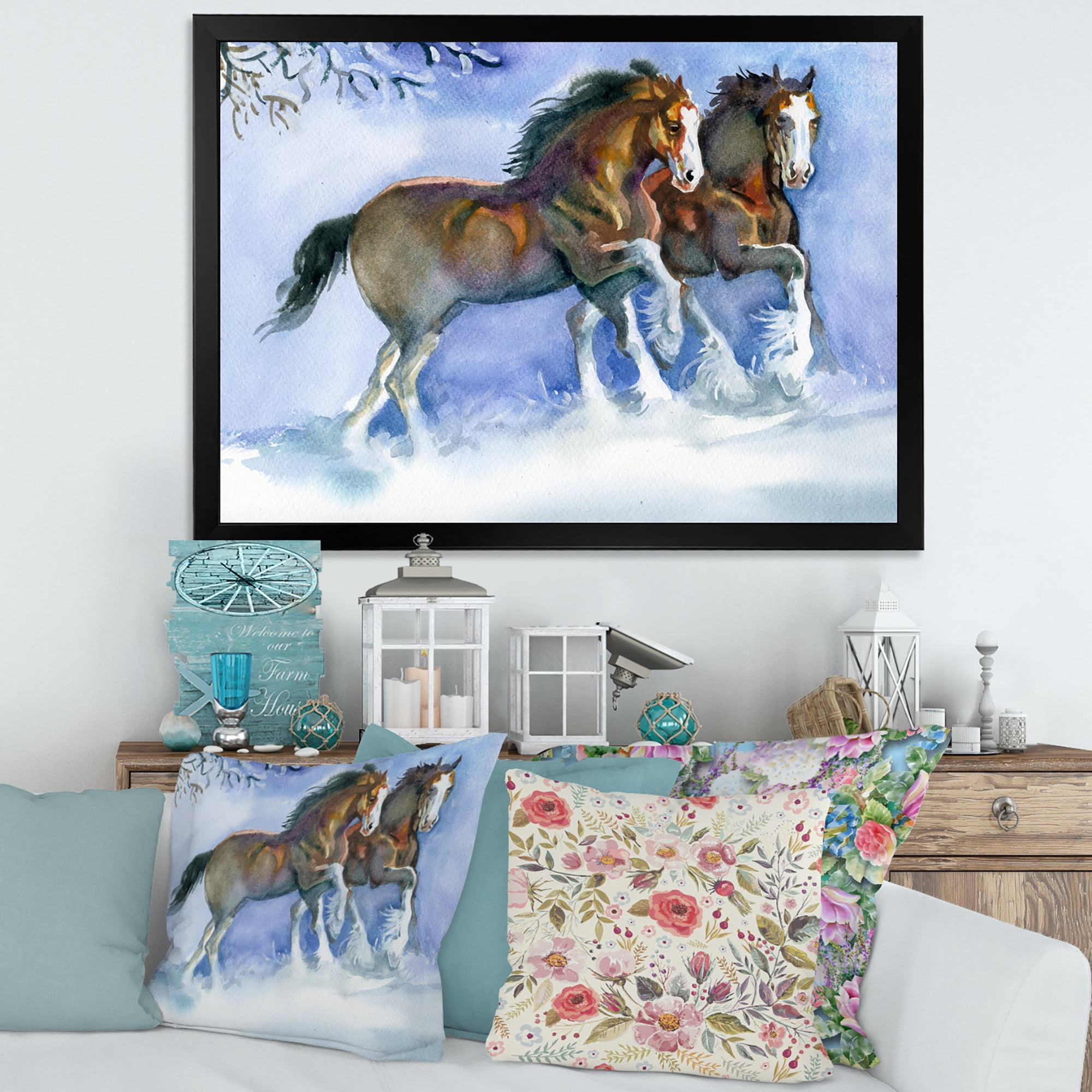 Designart 'Horses Running In Winter On Blue' Farmhouse Framed Art Print