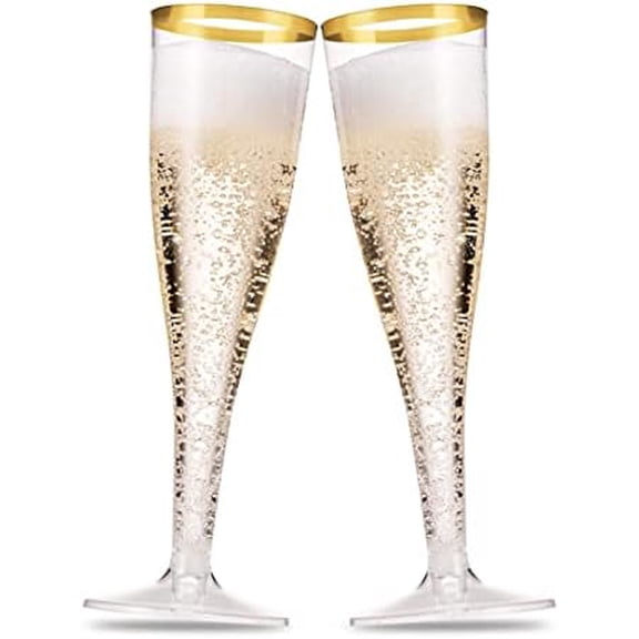 100 Pack Gold Plastic Champagne Flutes, 5 Oz Clear Plastic Toasting Glasses Fancy Disposable Wedding Party Cocktail Cups with Gold Rim