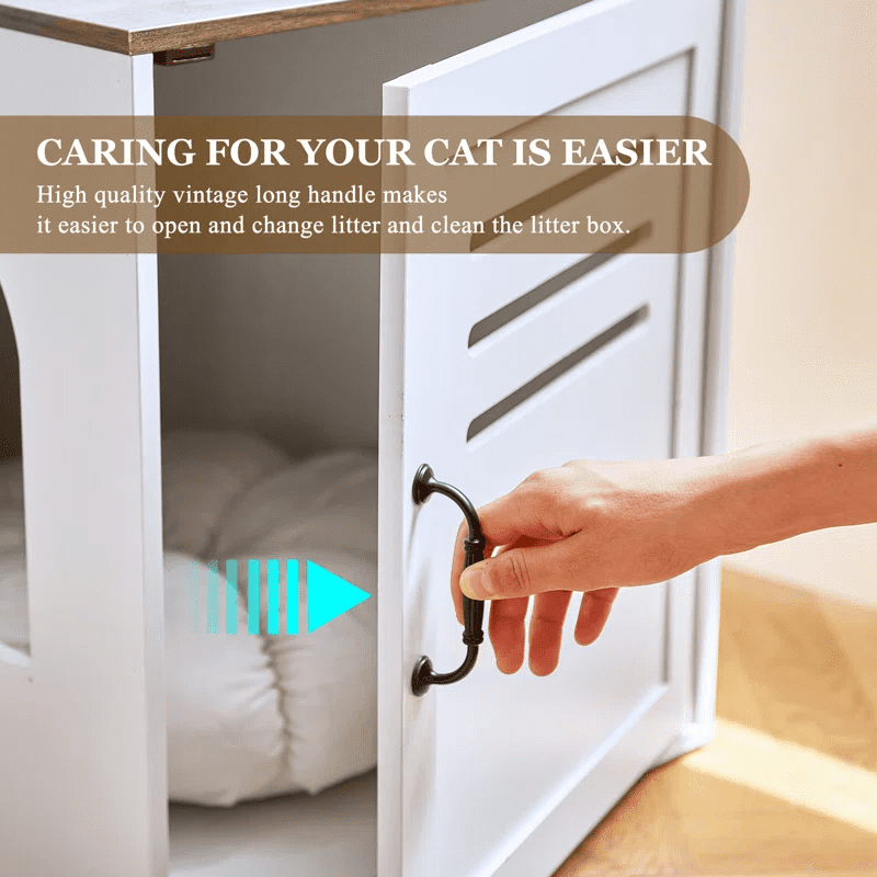 JanflyHome Litter Box Enclosure Furniture, Farmhouse Corner Cat Litter Box Enclosure for 2 Cats with 2 Silicone Food Bowls, White