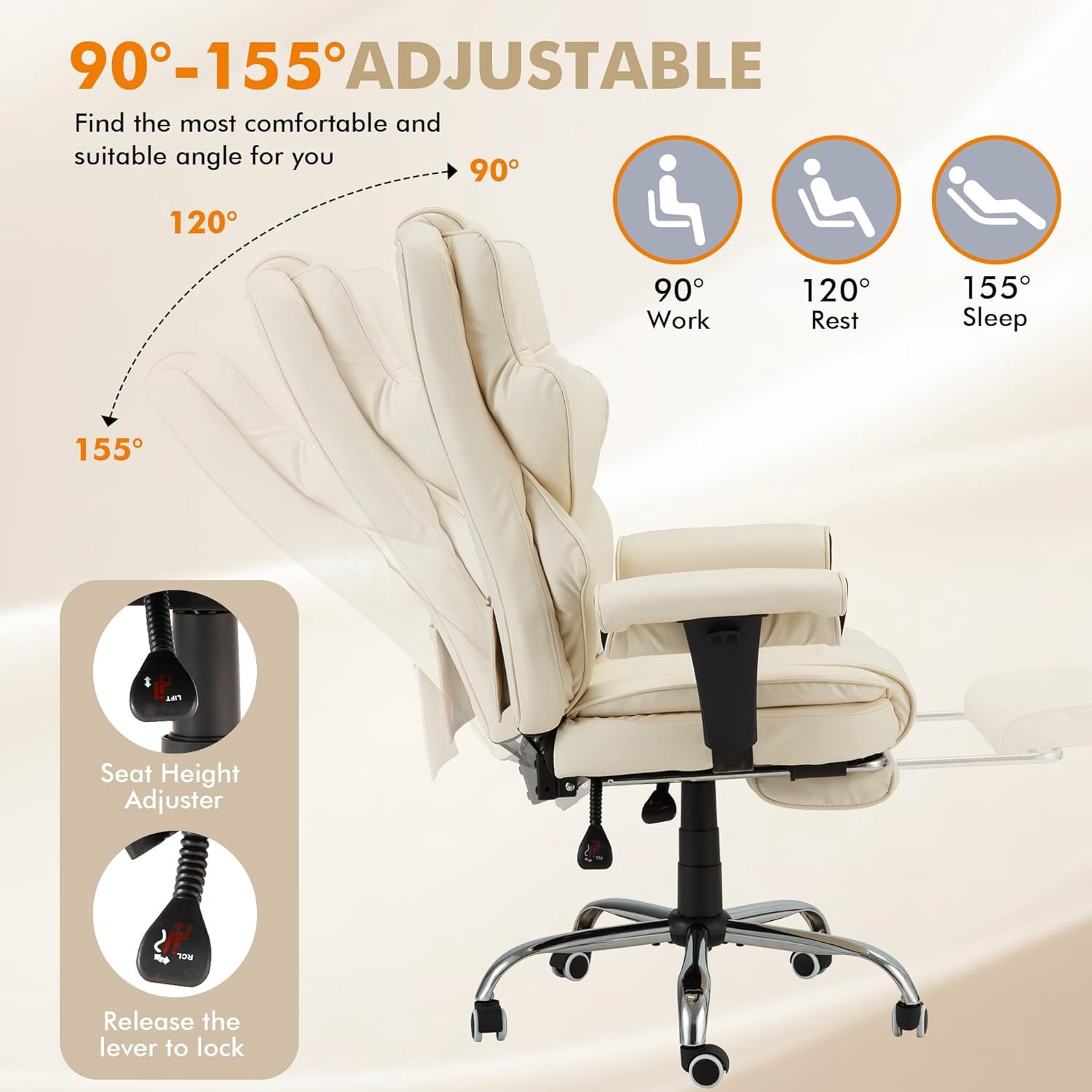 Homrest 6-Point Massage Executive Office Chair for Adults, Heated Ergonomic Home Desk Chair with Adjustable Footrest, Armrests & Backrest (Beige)