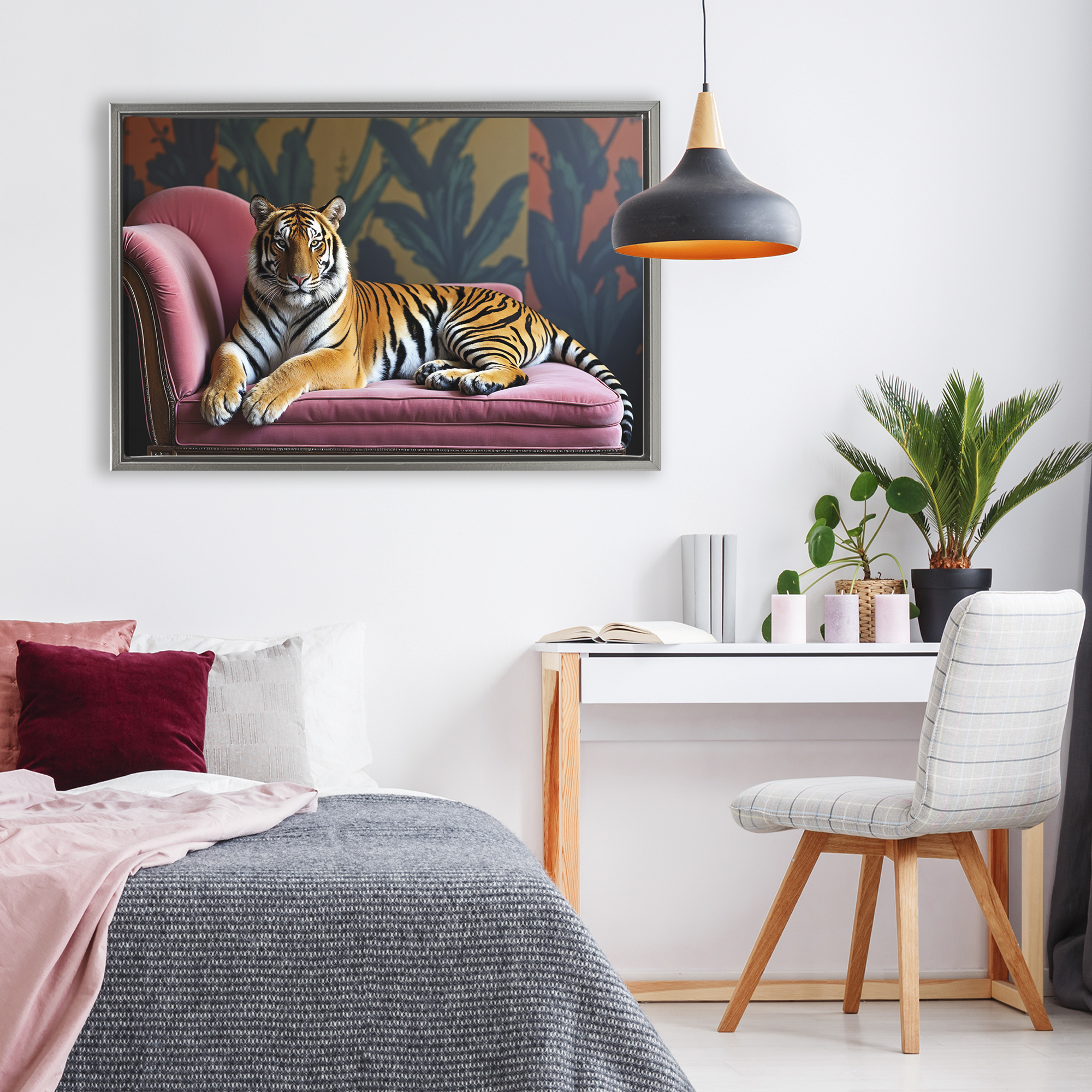 Exotic Tiger Lounging Gray Framed Floater Canvas Wall Art, design by Lettered and Lined