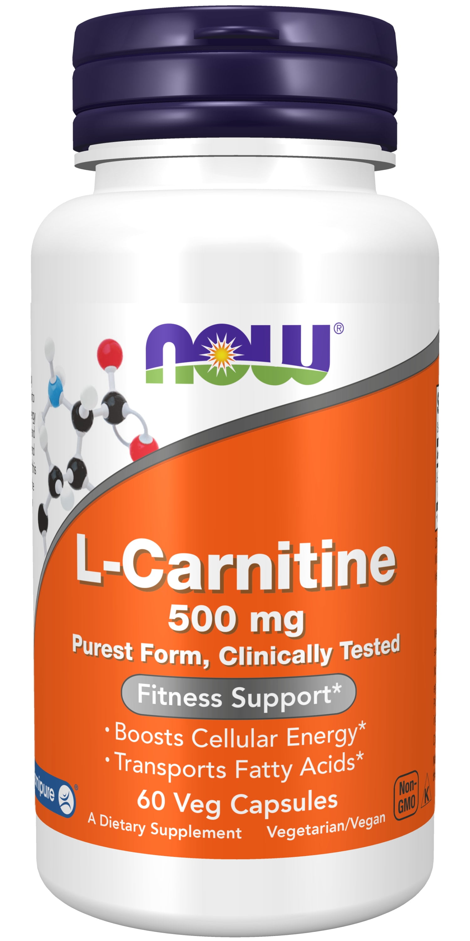 NOW Supplements, L-Carnitine 500mg, Purest Form, Amino Acid, Fitness Support*, 60 Veg Capsules