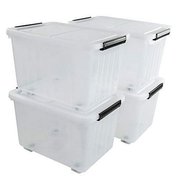 Set of 4 Large Plastic Storage Box with Lid, 30 L Latching Storage Box Bin, Clear