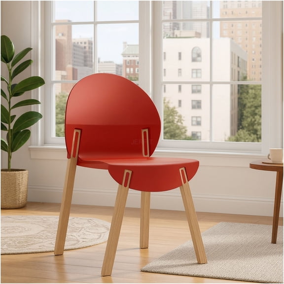 JERFIT 4-Pack Crimson Red Dining Chairs with Solid Oak Wood Legs, Ergonomic PP Seat for Kitchen, Dining Room, Office, and Living Room Furniture