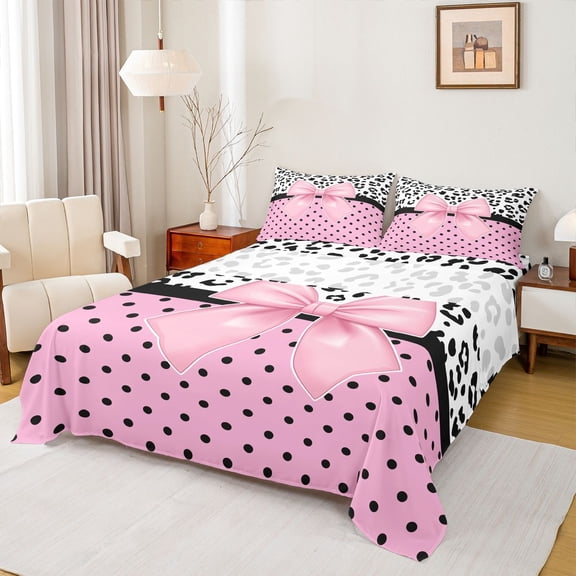 Castle Fairy Cartoon Pink Bow Knot Twin Sheet Sets,Polka Dots Bedding