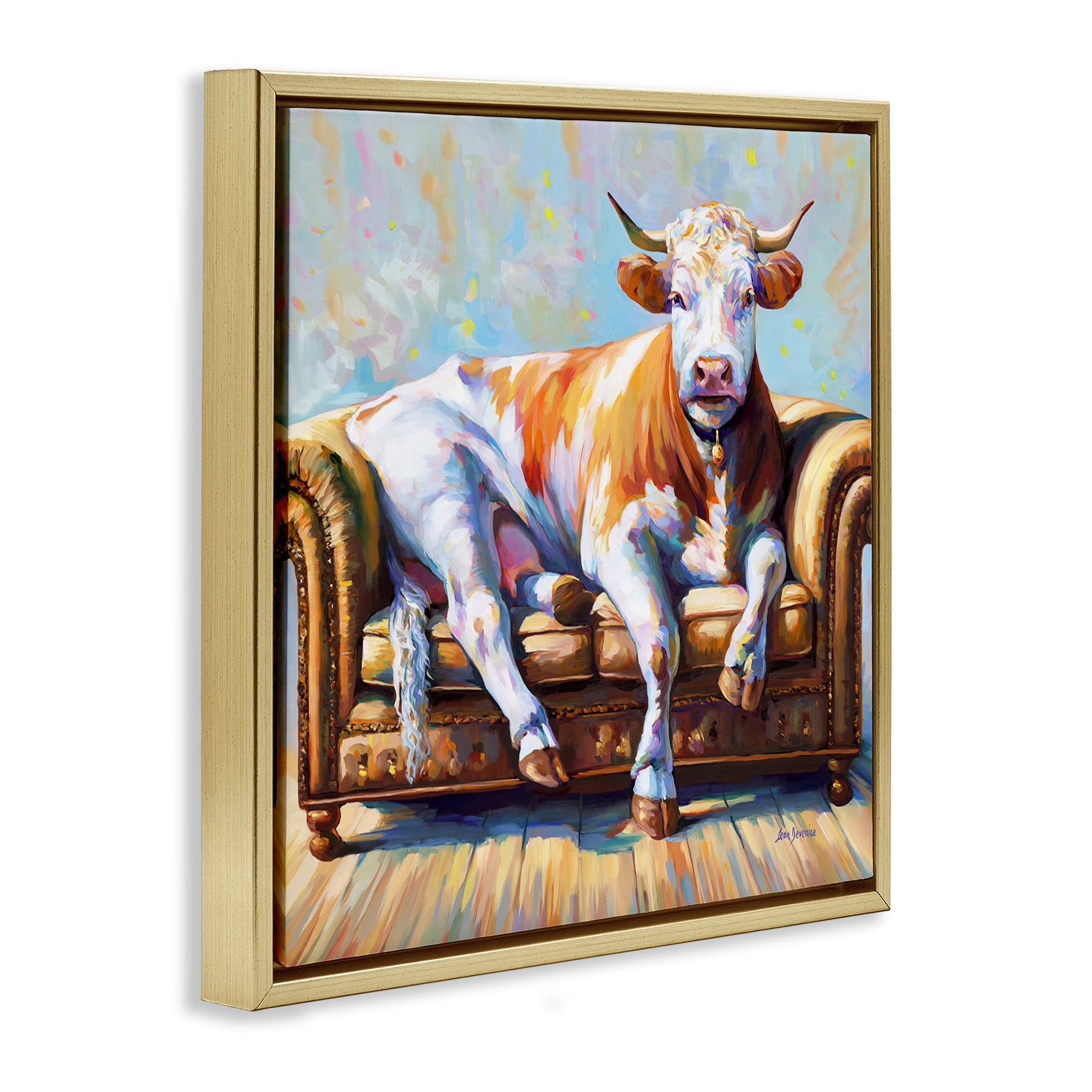Stupell Industries Cow's Day Off Animals & Insects Painting Gold Floater Framed Canvas Art Print Wall Art, 18 x 18