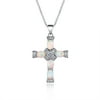 Rhodium Plated White Fire Opal Fancy Cross Necklace