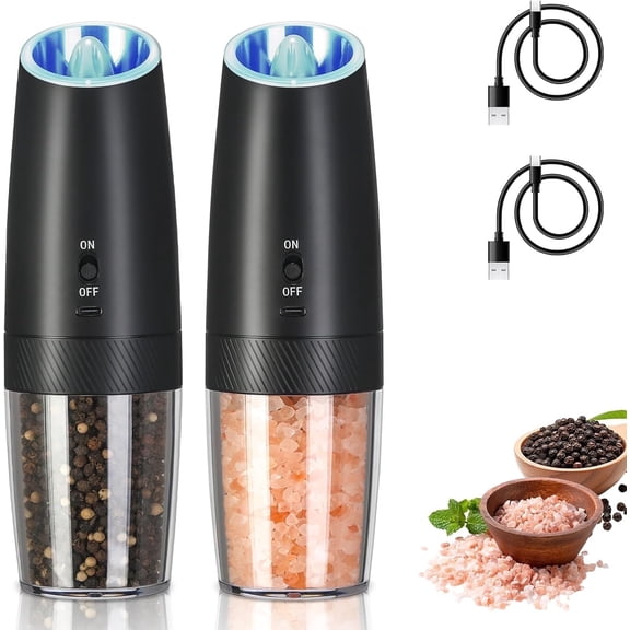 Gravity Electric Salt and Pepper Grinder Set, No Battery Needed Rechargeable Automatic Pepper and Salt Shakers, Adjustable Coarseness with LED Light, Washable 135ml Container Grinder (Black)