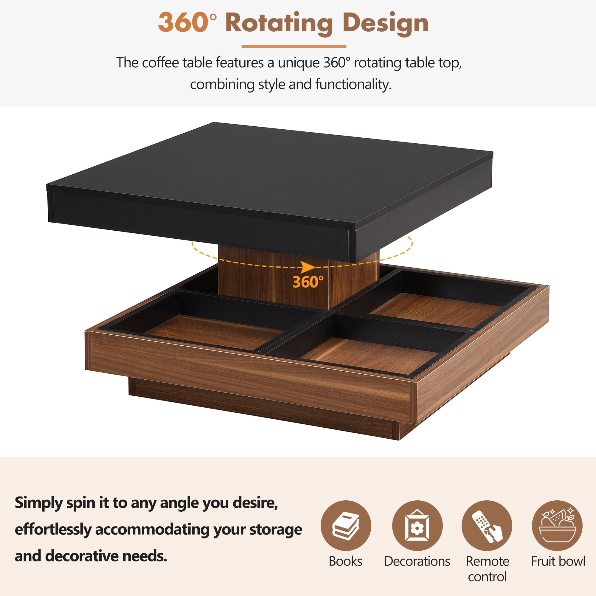 EUROCO Modern 27.5" 360°Rotating Coffee Table with 3 Detachable Tray, 2-Tier Farmhouse Wood Center Table with Storage for Living Room, Black