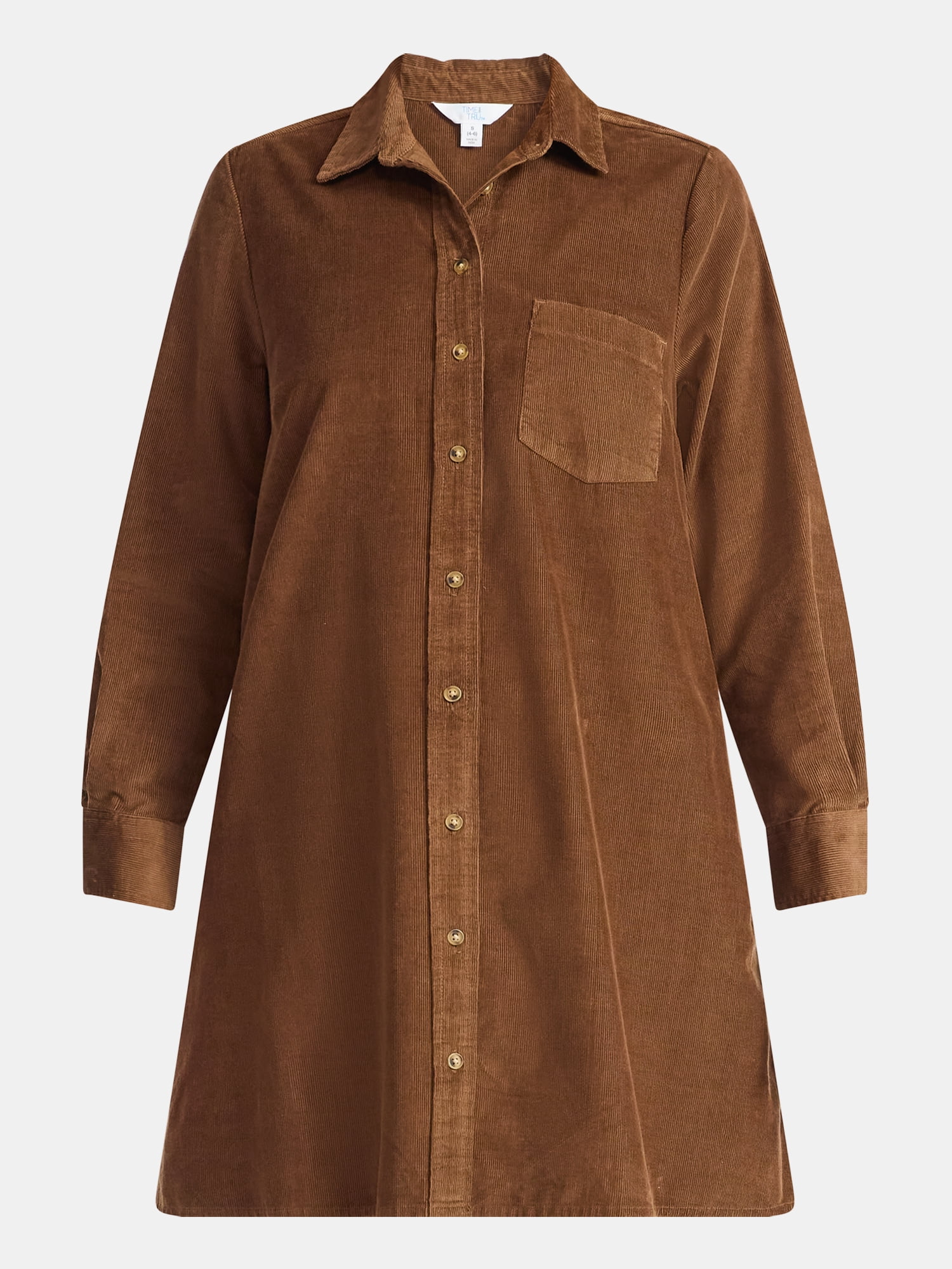 Time and Tru Women's Corduroy Shirtdress with Long Sleeves, Sizes XS – XXXL