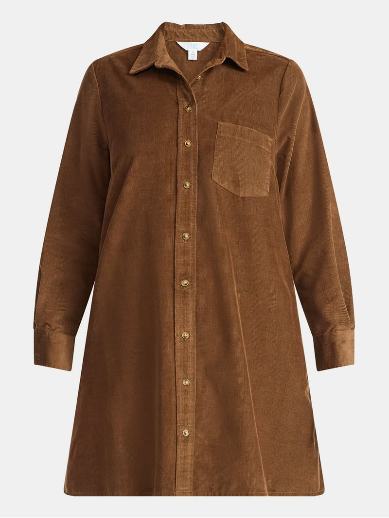Time and Tru Women's Corduroy Shirtdress with Long Sleeves, Sizes XS  XXXL