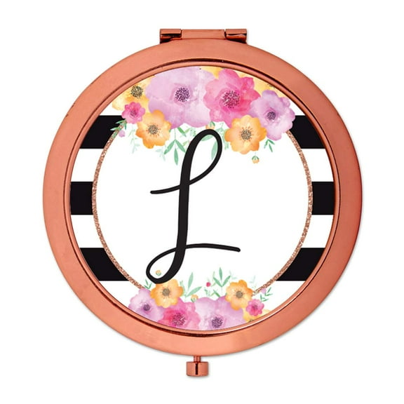 Koyal Wholesale Compact Mirror Bridesmaid's Wedding Gift, Rose Gold, Monogram Letter L, Modern Black White Stripes