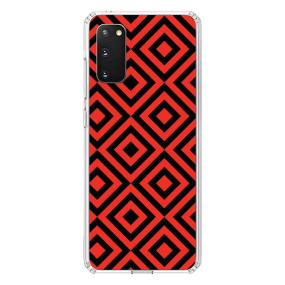 DistinctInk Clear Shockproof Hybrid Case for Galaxy S20 ULTRA / 5G (6.9" Screen) - TPU Bumper, Acrylic Back, Tempered Glass Screen Protector - Black Red Diamond Pattern Geometric