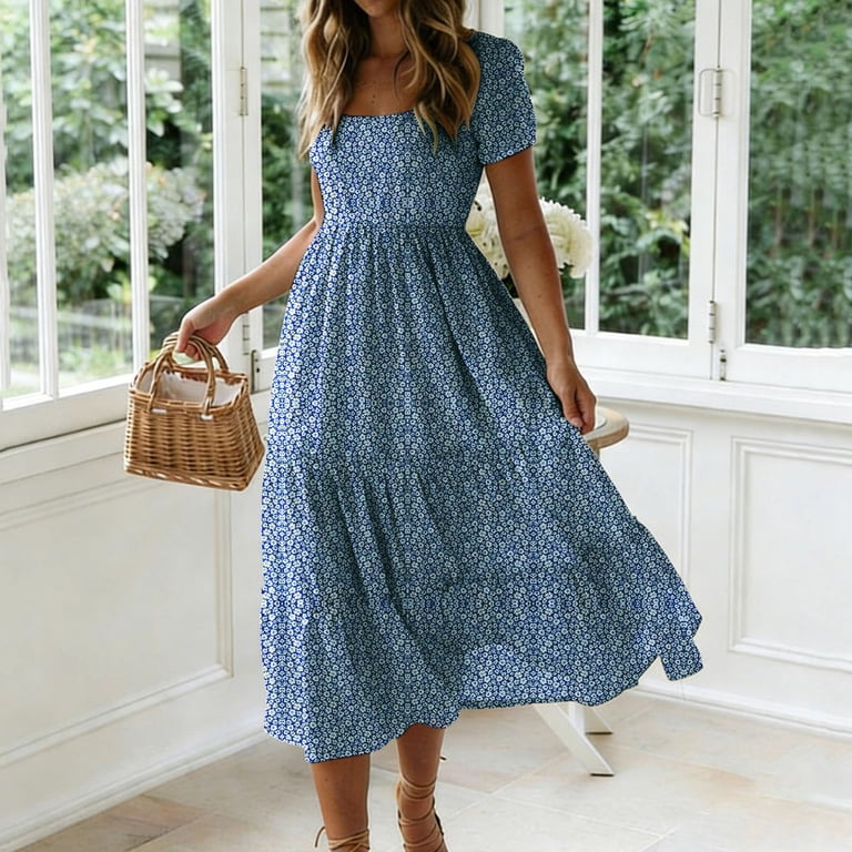 square neck short sleeve midi dress Myaoyi Dresses for Women Square Neck Short Sleeve Midi Dress Ditsy Floral Tiered Flowy Summer Casual Dress, Women's, Size: Small