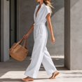 thumbnail image 5 of Women's Resort Jumpsuit, Casual Loose Wide Leg With Zip-Up Front & Stand Collar, Short Sleeve Vacation One-Piece With Belt White XL, 5 of 6