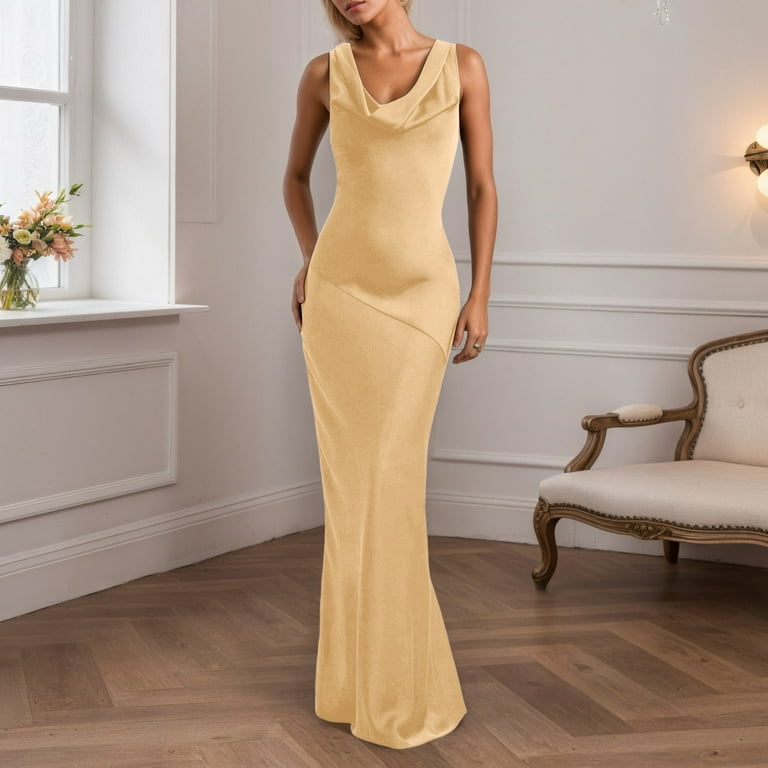 Satin Cowl Neck Sleeveless Backless Maxi Wedding Guest Dress Silk Open Back  Tie Back Prom Formal Dresses For Women - Walmart.com