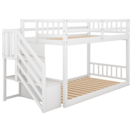 Twin over Twin Floor Bunk Bed  Ladder with Storage  White