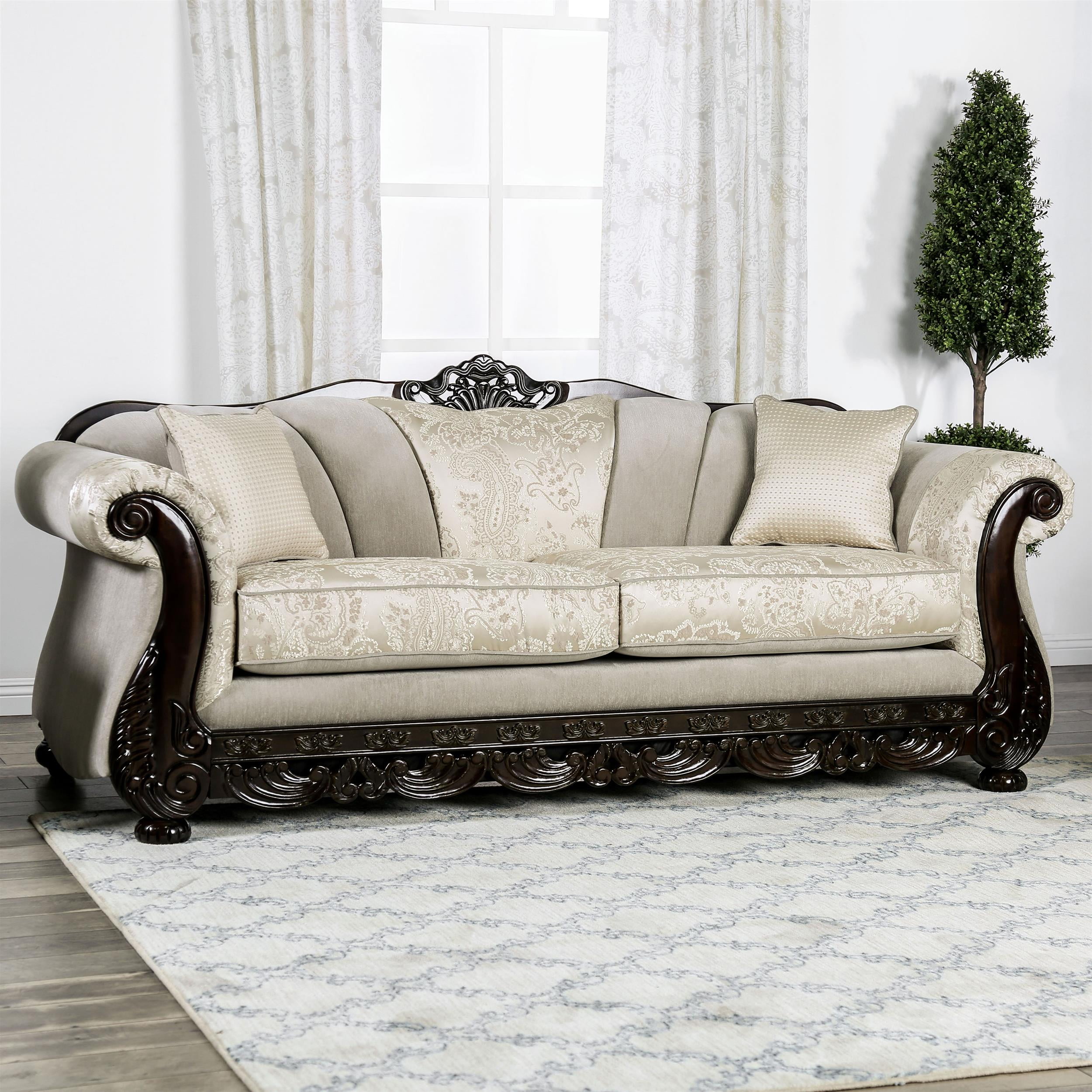 Furniture of America Faux Leather Eston Traditional Chenille Upholstered Sofa, Ivory