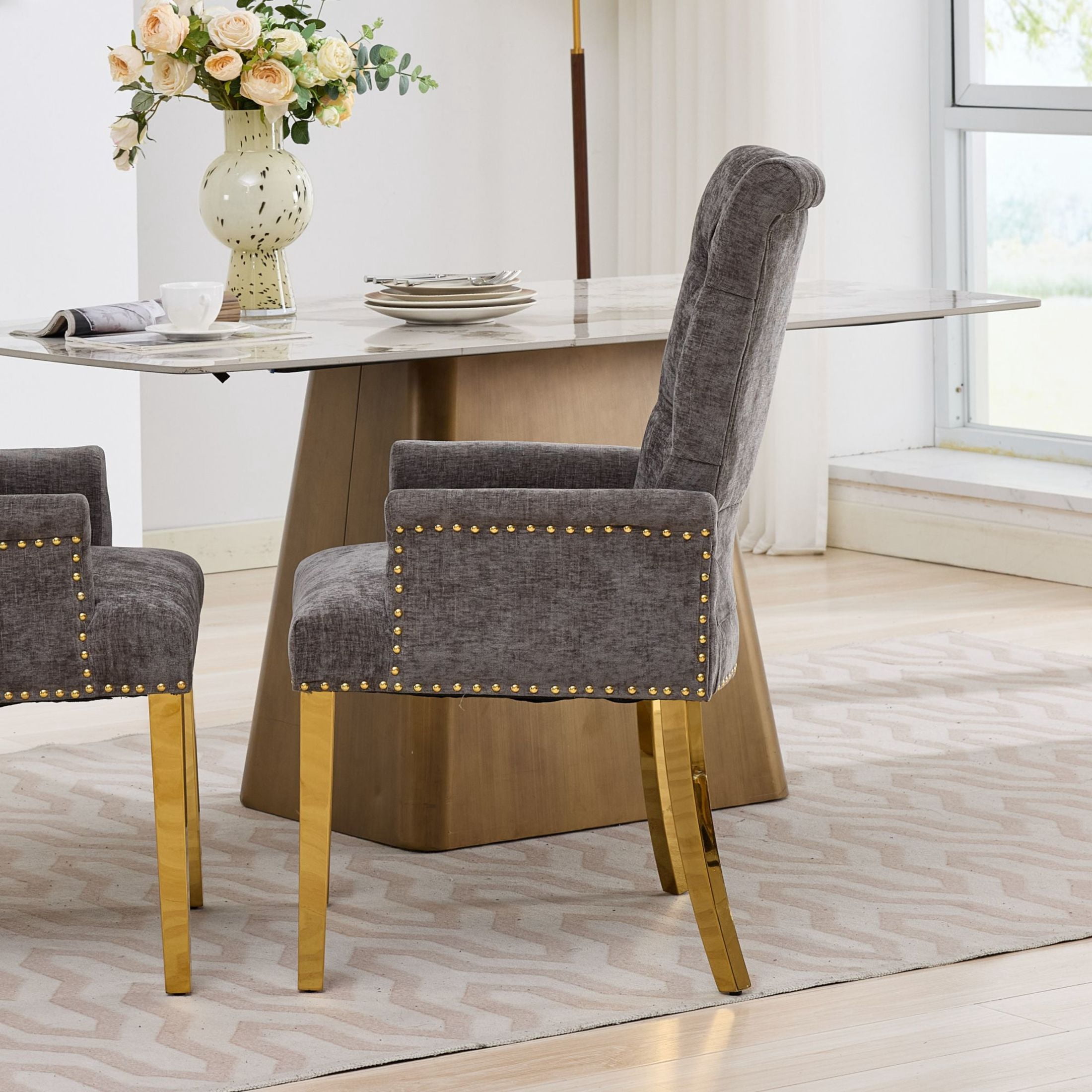 GDF Studio Upholstered Dining Chair with Button-Tufted Back, Nailhead Trim, Stainless Steel Legs, Gray