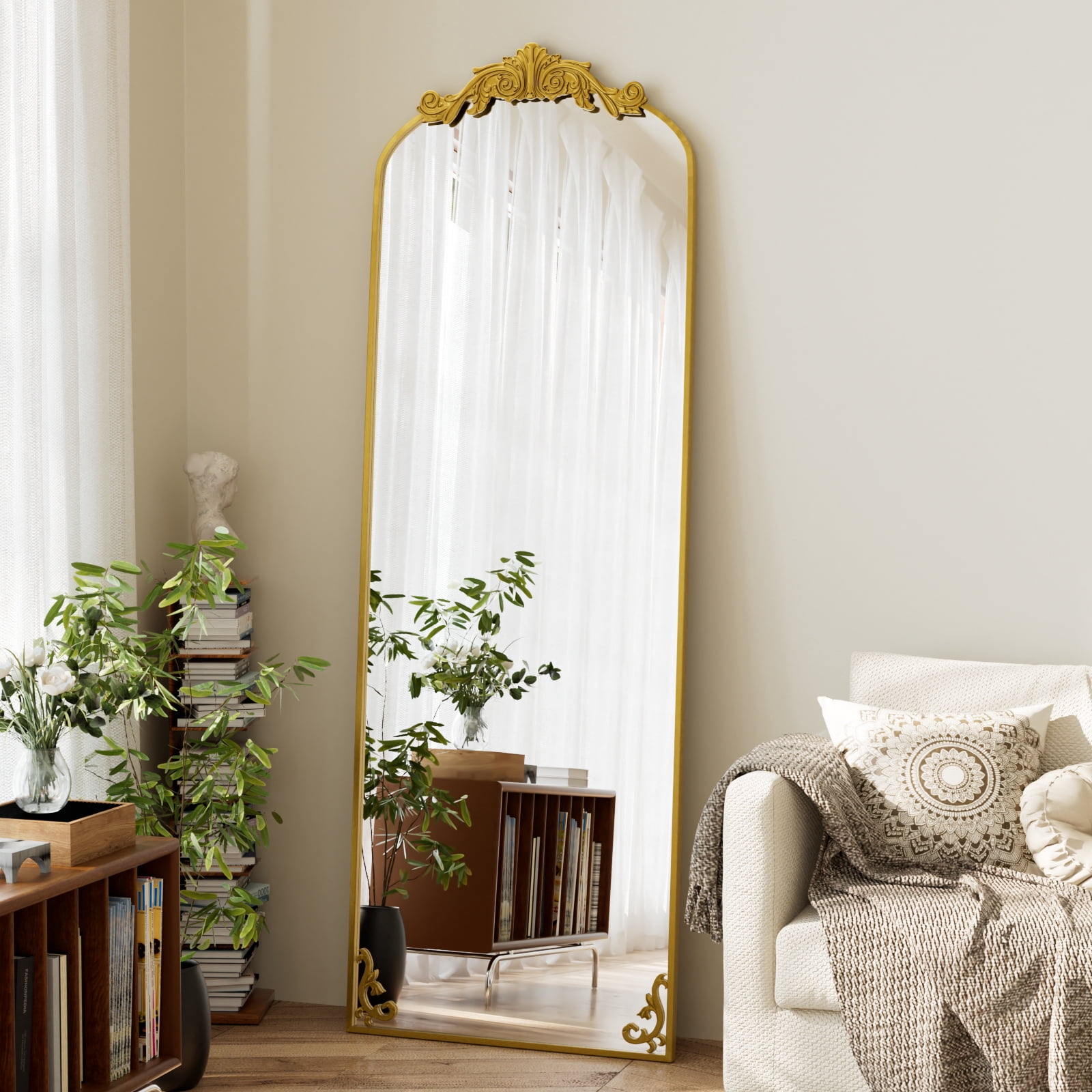 AUROMIR 64"x 21" Arched Floor Mirror Full Length Mirror Baroque Vintage Mirror with Carved Frame, Gold