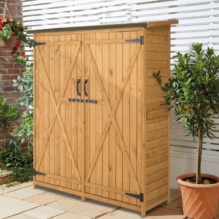 IVV 64inch Outdoor Storage Cabinet, Wood Garden Shed, Outside Tool Shed, Vertical Organizer Cabinet with Double Lockable Doors for Outside, Garden and Yard, Natural and Green