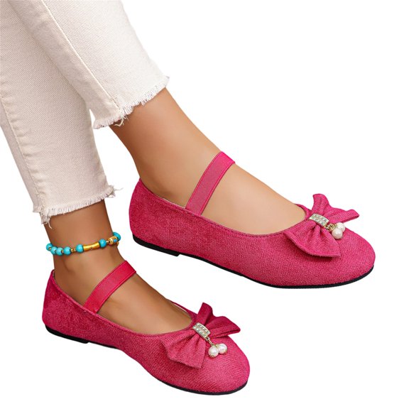 Willtoo Women Bow Pearl Mary Jane Flats Elastic Ankle Strap Round Toe Faux Suede Ballet Flat Shoes Comfort Slip On Dress Shoes for Daily Wedding Casual Wear