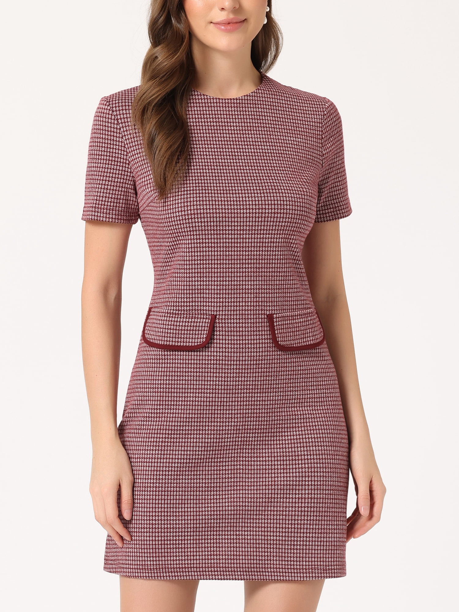 DARING DIVA Women's Dress Short Sleeve Vintage Houndstooth Dresses L Red