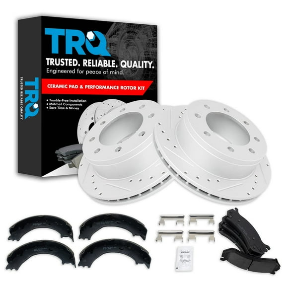 TRQ Rear Posi Ceramic Brake Pad & Performance Rotor with Parking Shoe Fits Select GM