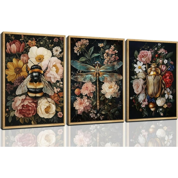 Dragonfly Bee Floral Wall Art Gothic Insect Plant Wall Decor Pictures Dark College Style Retro Flowers Posters Prints Canvas for Bathroom Living Room Bedroom Painting Unframed
