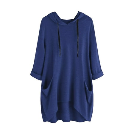 hotojiny Plus Size Spring Clothes for Women Soft High-Low Long Sleeve Rolled Sweatshirt Oversized Lightweight Hooded Drawstring Pullover