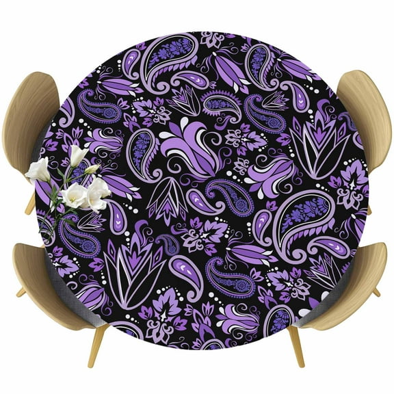 Boho Purple Floral Round Tablecloth 55-60 Inch Round Fitted Table Cloth with Elastic Edge, Farmhouse Botanical Vintage Paisley Flower Waterproof Table Cover Protector for Outdoor Picnic Party Dining