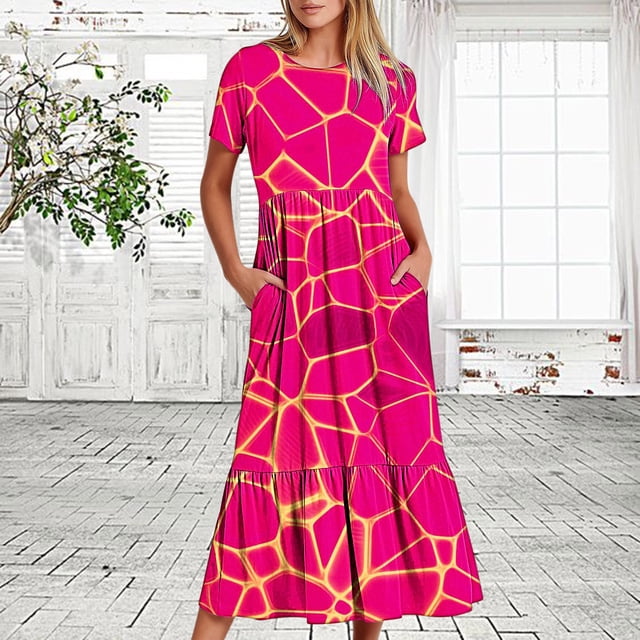Robe d'Été pour Femmes 2024 Mode Grande Taille Décontractée à Manches Courtes Col Ras du Cou Robe Décontractée Fluide à Volants Maxi Robe de Plage avec Poches Robe Imprimée Rabais de 50 % Liquidation!