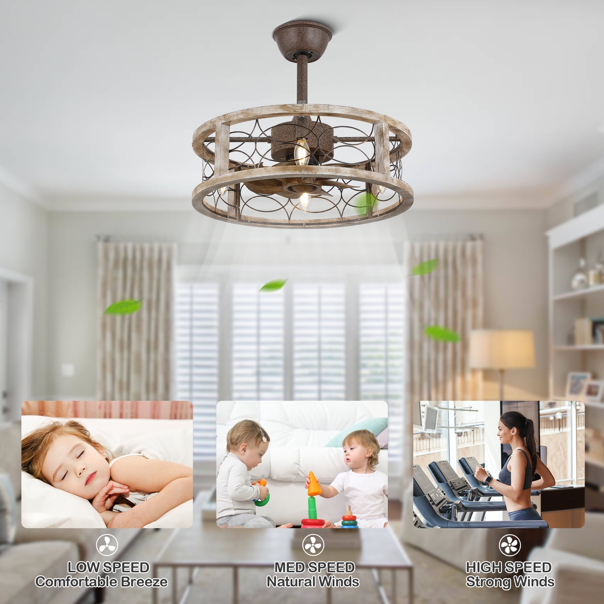 Bella Depot 18" Rustic Wood Caged Ceiling Fan with Light and Remote Control, 6-speed Farmhouse Chandelier