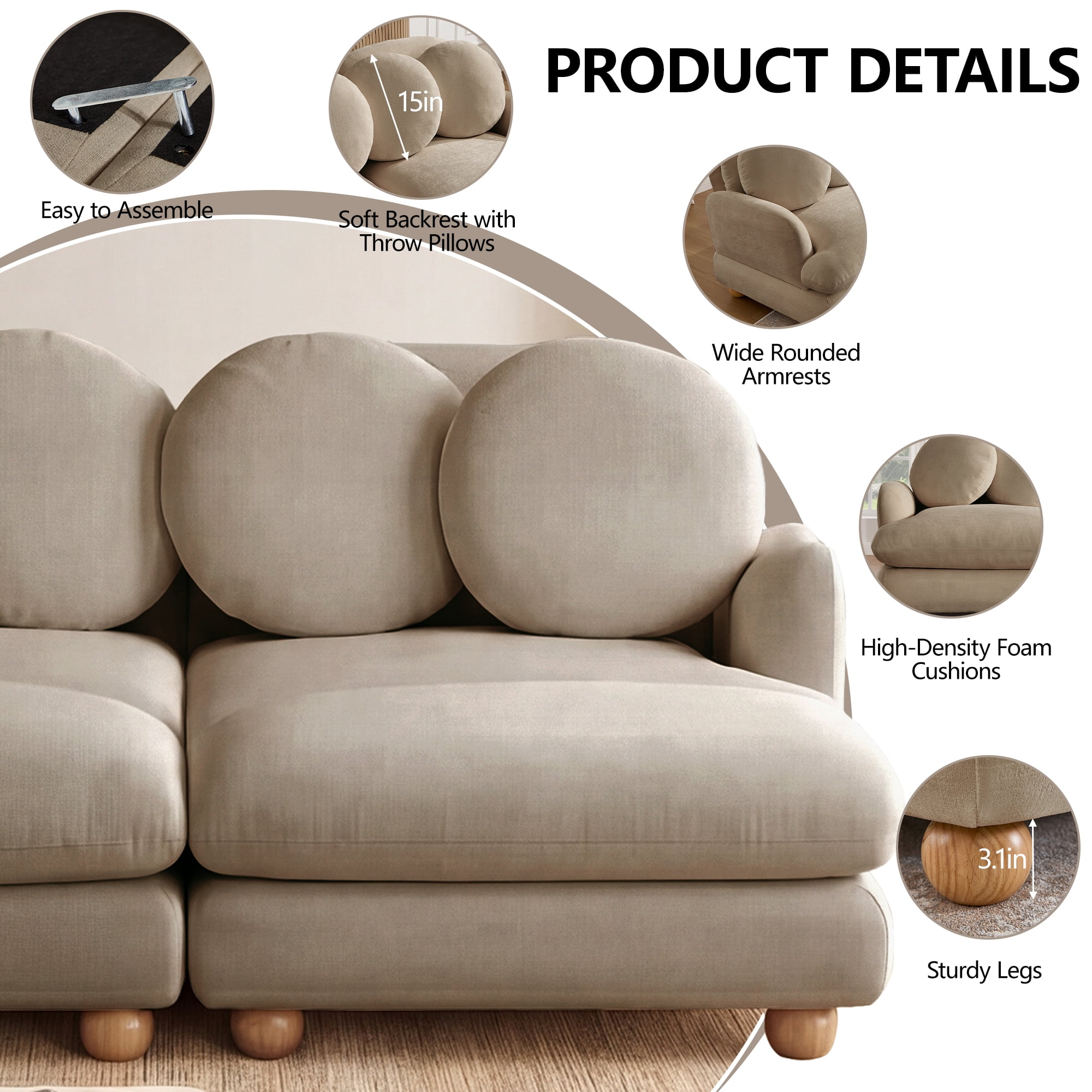 95" U-shaped 5 Seater Chenille Modular Sectional Sofa Couch with 6 Throw Pillows and 2 Ottoman