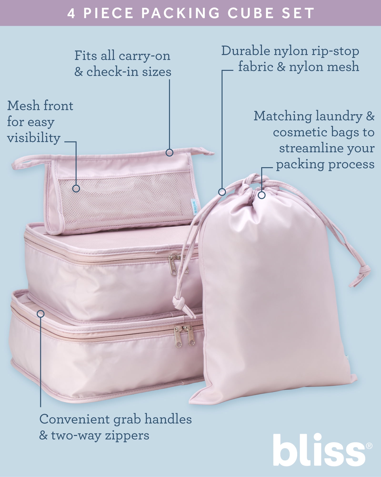 Bliss Travel Packing Cubes Zippered Compression Bags for Luggage with Laundry Bag 4-Piece Set