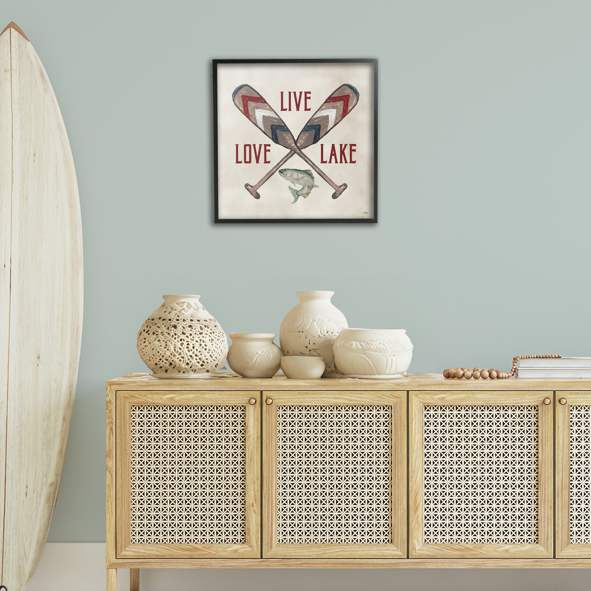 Stupell Industries Live Love Lake Oars Typography Painting Black Framed Art Print Wall Art, 24 x 24