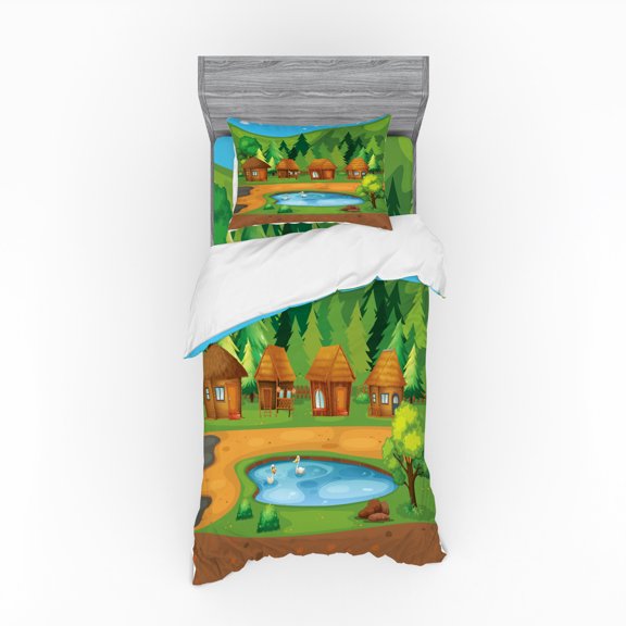 Cartoon Duvet Cover Set, Nursery Themed Village Huts in Thick Trees Woodland Pond with Ducks, Bedding Set with Shams and Fitted Sheet, 3 Sizes, by Ambesonne