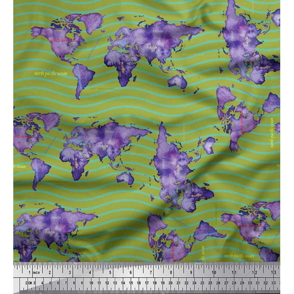 Soimoi Green Cotton Duck Fabric Waves & World Map Printed Craft Fabric by the Yard 42 Inch Wide