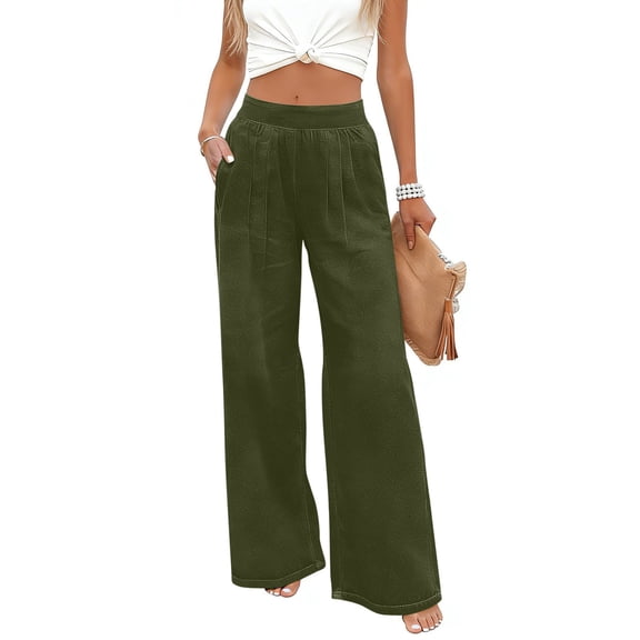 Juslio Women Stretchy Wide Leg Faux Jeans Casual High Waist Pocket Army Green Jeans