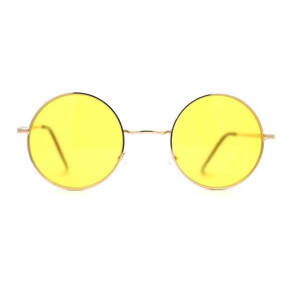 Pop Color Lens Iconic Hippie Round Circle Lens Metal Sunglasses Gold - Yellow