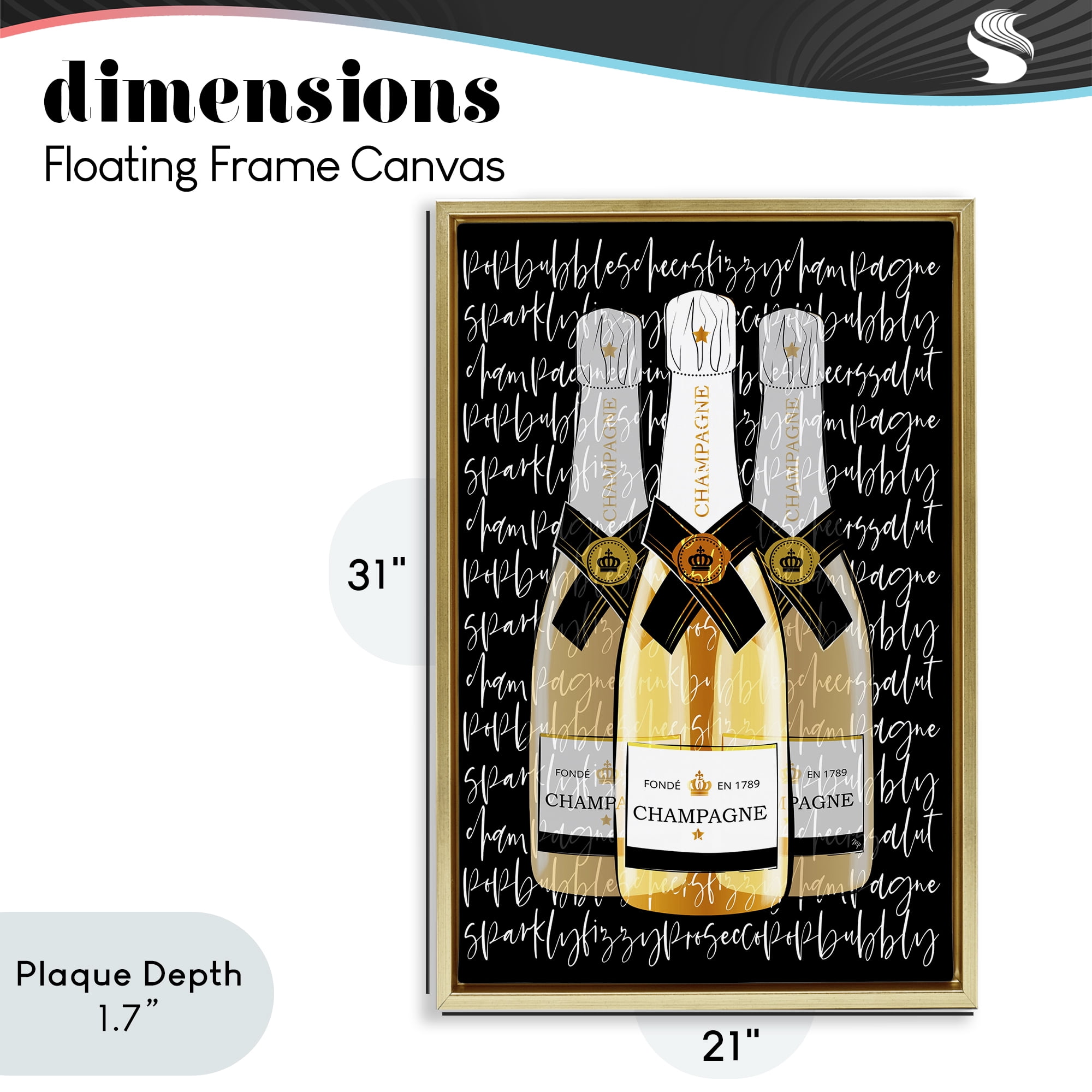 Stupell Industries Triple Champagne Bottle Love Gold Framed Floater Canvas Wall Art, design by Martina Pavlova
