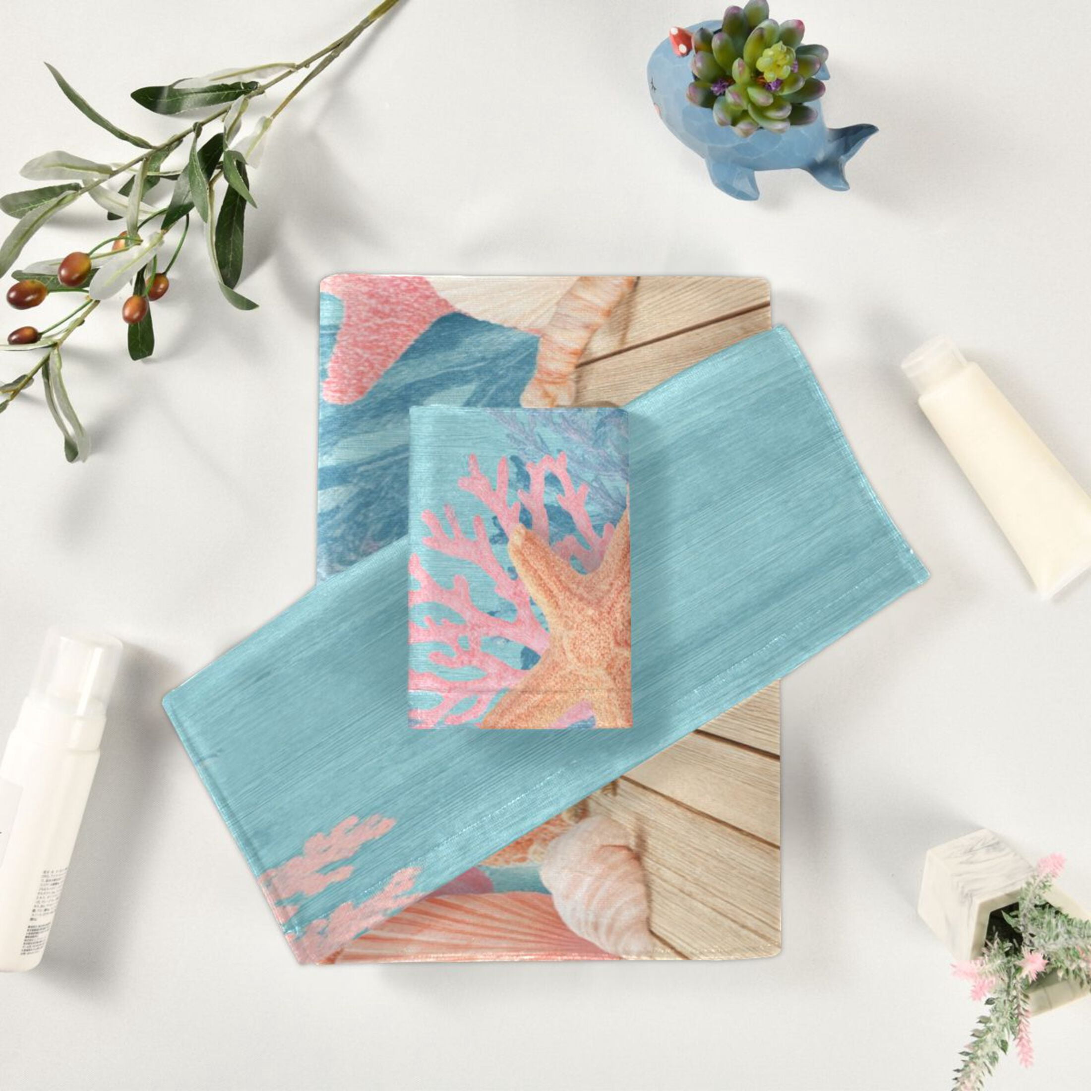 3 Piece Bath Towels Set Bath Towel, Hand Towel and Face Towel for Bathroom, Gym, Hotel Colorful Starfish and Seashells